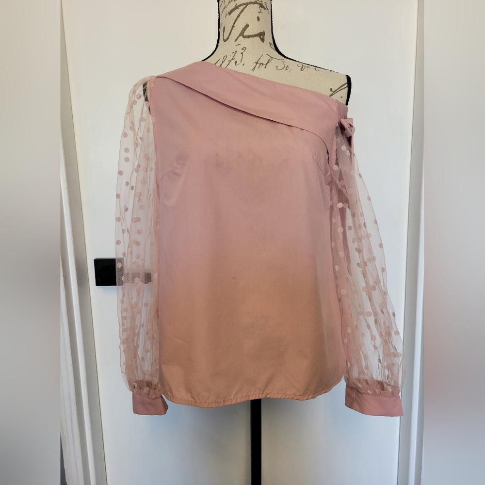 Pink Polka Dot Tulle Baloon Sleeve Fairy Blouse Size S
